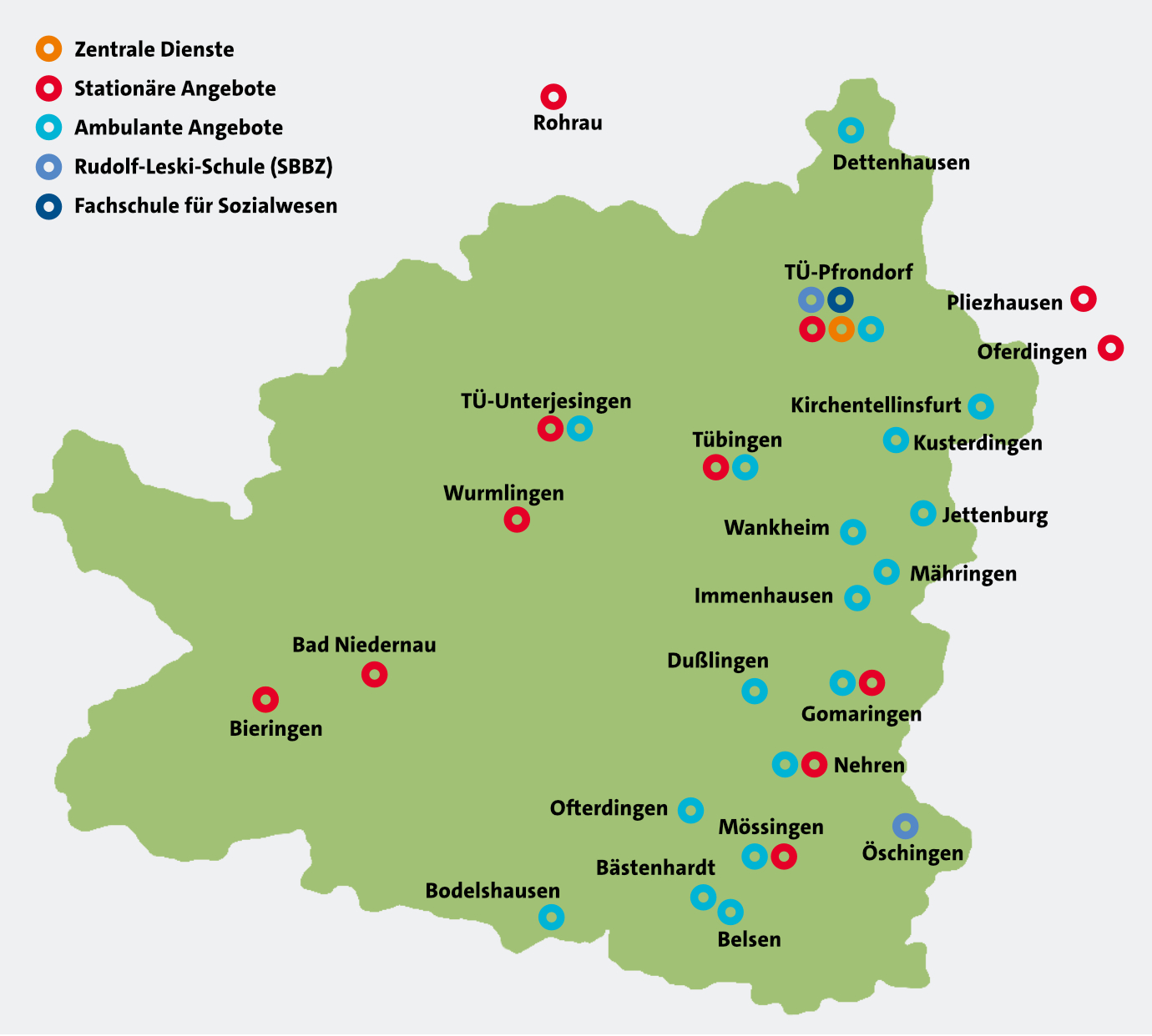 Übersicht über die Standorte der Kinder- und Jugendhilfe der Sophienpflege in den Landkreisen Tübingen, Reutlingen, Böblingen